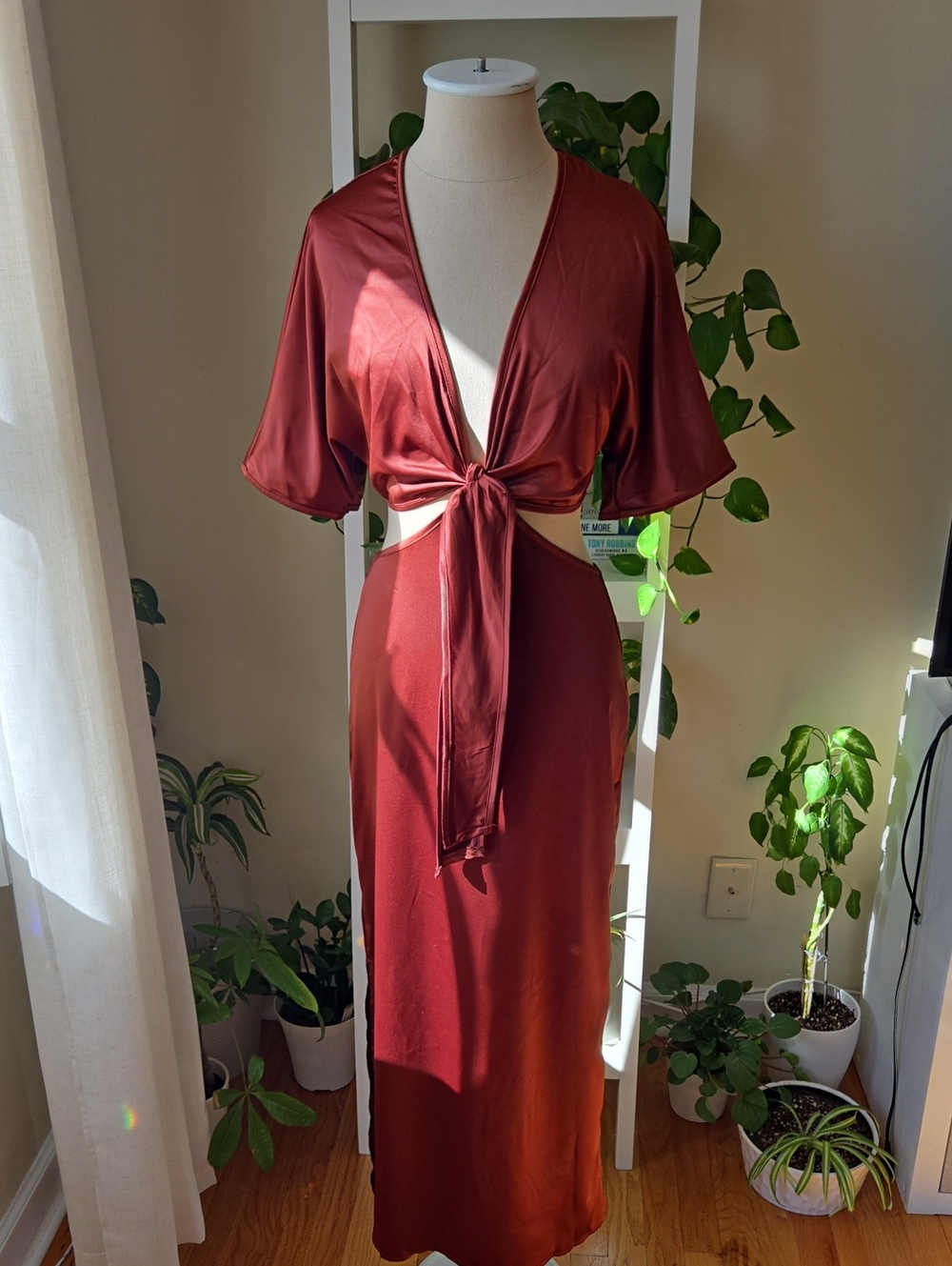 SHEIN Rust Satin Tie-Front Maxi Dress